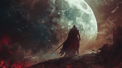 Knight of the Dark Lord against the backdrop of a huge mystical moon. Fantasy background. Dark fantasy warrior, dark fantasy art.