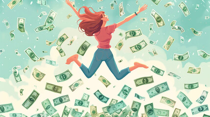 Successful earning concept a business woman jumps from small money coins to large amounts of money as bills illustration