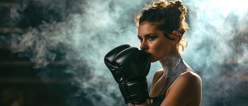 Confident young woman with boxing gloves on black background