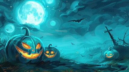 Spooky Halloween pumpkins illuminated in the night. Jack-o'-lanterns against moonlit Halloween backdrop. Ai Generated