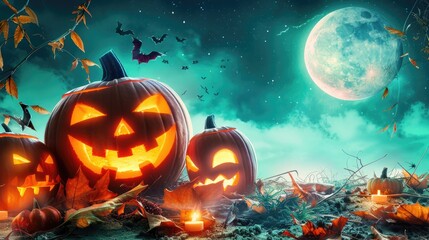 Spooky Halloween pumpkins illuminated in the night. Jack-o'-lanterns against moonlit Halloween backdrop. Ai Generated