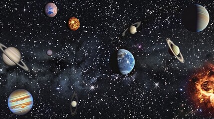 Planets and stars paint a mesmerizing tableau in the depths of space. Ai Generated