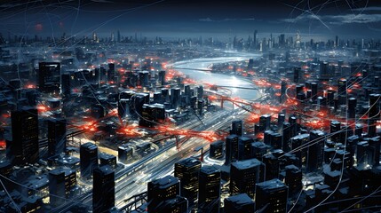Night city panorama with lights and cars. 3d rendering.
