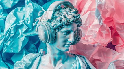 Gypsum statue adorned with headphones against colorful abstract background, Ai Generated