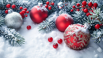 A red and silver ornament is surrounded by snow and berries