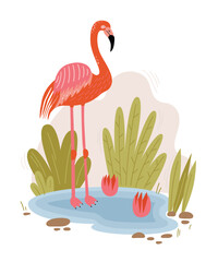 Cartoon pink flamingo in thickets of reeds. Funny wild tropical bird. Design element for cards, books, banners, clothes and room decor. Vector flat illustration.