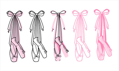Set of ballet shoes in different styles. Ballet coquette core. Flat vector graphics isolated on white background
