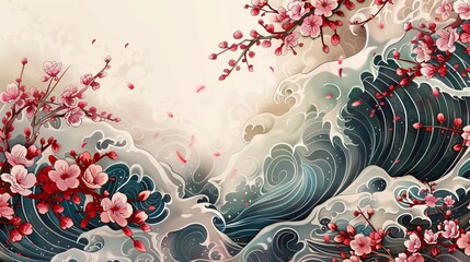 Elegantly detailed Japanese tattoo of cherry blossoms and waves, symbolizing beauty and strength, inked in traditional colors, against an isolated backdrop