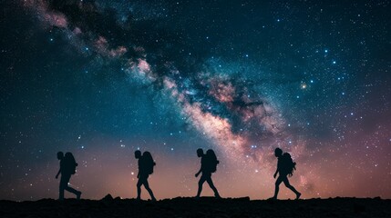 Fototapeta premium Silhouette of people walking on the dune - Magnificent view of mountains under the night starry sky with Andromeda galaxy 
