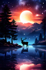 Illustration of a deer by the lake with mountains in the background. Colorful mountain landscape at full moon night.