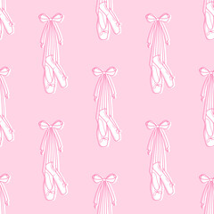 Cute coquette pattern seamless pink ribbon bow and ballet shoes. Cute feminine romantic background for textile, fabric, wallpaper, wrapping. Ballet core.