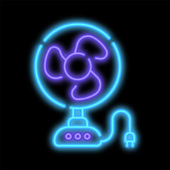 Neon glowing electric fan for cooling room during hot summer season. Maintaining comfortable temperature in room. Night advertising sign element. Glowing neon icon isolated on black background
