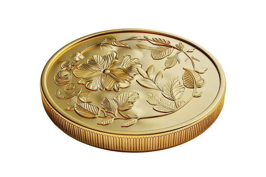 3D rendering of a gold coin with a floral design on a black background.