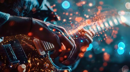 music concept between hands of a man in background,Guitarist playing on electric guitar in nightclub, closeup,playing hard rock and metal music on her electric guitar against abstract background
