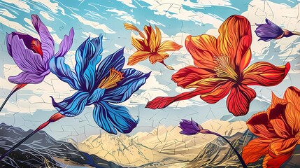 saffron flowers flying in mid air illustration poster background