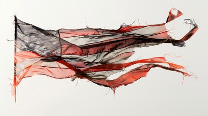 Dynamic shot of a tattered American flag waving fiercely, representing the spirit of American adventure against a clear isolated background
