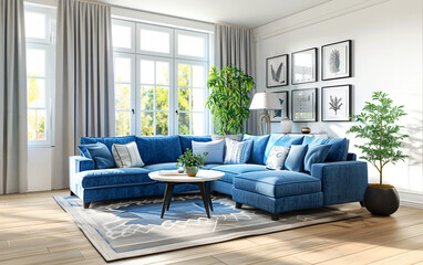 Elegant contemporary living room boasting a plush blue sofa set, stylish decor, and vibrant green plants