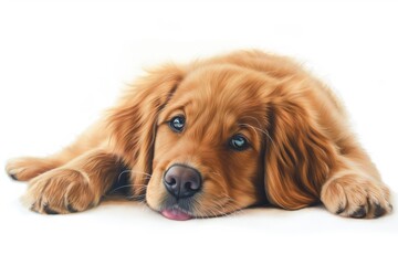 Cute golden retriever puppy lying down with a relaxed expression and a slight tongue out