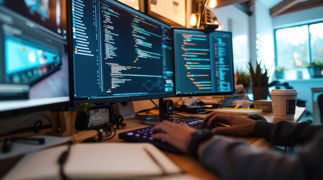 A focused software developer codes on a dual monitor setup in a modern office environment with a minimalist aesthetic. AIG41