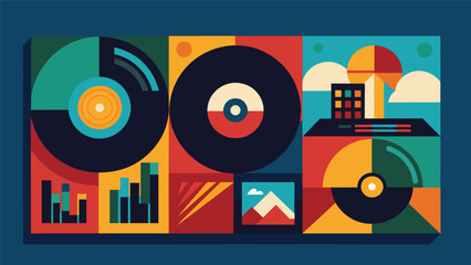 A series of record sleeves that are designed to create a cohesive and visually stunning display when p together each one featuring a different element Vector illustration