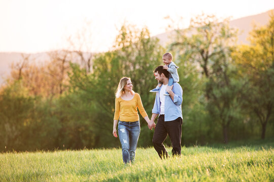 Father carrying toddler on shoulders. Family outdoors on walk in spring nature. Happy family moment