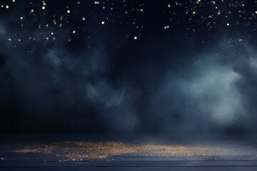 Navy Blue smoke empty scene background with spotlights mist fog with gold glitter sparkle stage studio interior texture for display products blank 