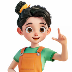 Cute Kawaii Asian Girl.  Generated Image.  A digital rendering of a cute, Kawaii positive, excited, smiling Asian girl in casual clothes with pointing finger showing you the way.  3D render.