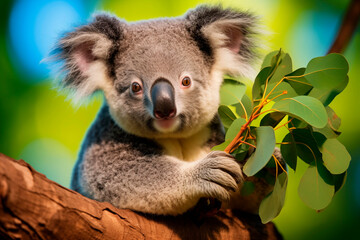 Fototapeta premium Adorable koala perched on a tree branch, clutching eucalyptus leaves against a vibrant green backdrop.