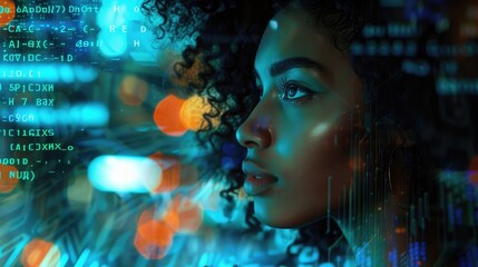 A black woman in profile with computer code and data visualizations overlaying her face, overlaying digital elements