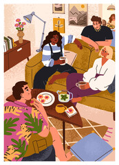 Happy tea time gathering at home. Friends resting on couch in cozy living room. People sitting, relaxing, chatting indoors, card. Men, women at teatime leisure together. Flat vector illustration
