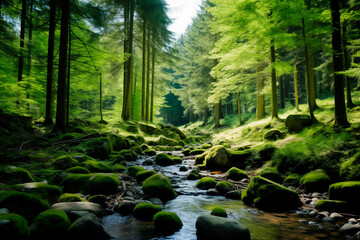 Serene forest scene with a gentle stream flowing over moss-covered rocks, enveloped by lush green trees.