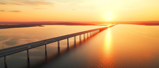 Sunset view of bridge over water, beautiful afterglow in sky