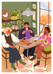 Best friends time at home. Cozy gathering with girlfriends, sitting at kitchen table with tea, chatting, talking. Women, girls relaxing, resting at hygge teatime, card. Flat vector illustration
