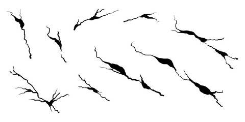 Hand drawn cracked wall, ground, glass, egg. doodle break set. vector illustration