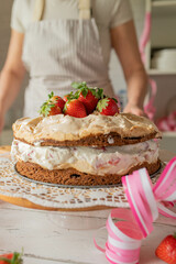 Strawberry cream cake traditional german torte with strawberries 