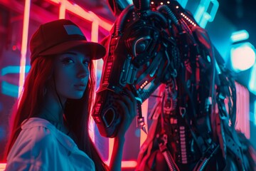 A cinematic shot of beautiful 18 years old girl wear hat holding and standing with cyberpunk horse