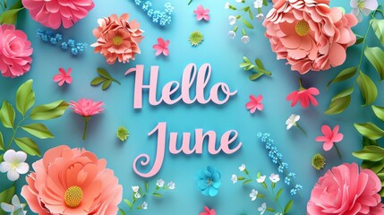 Abstract background with paper cut flowers. Hello June -  modern calligraphy lettering. Summer concept background.