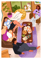 Cozy home party, gathering with friends. Relaxing tea time, hygge leisure in living room. People chatting, talking, resting indoors with snacks on holiday, vertical card. Flat vector illustration