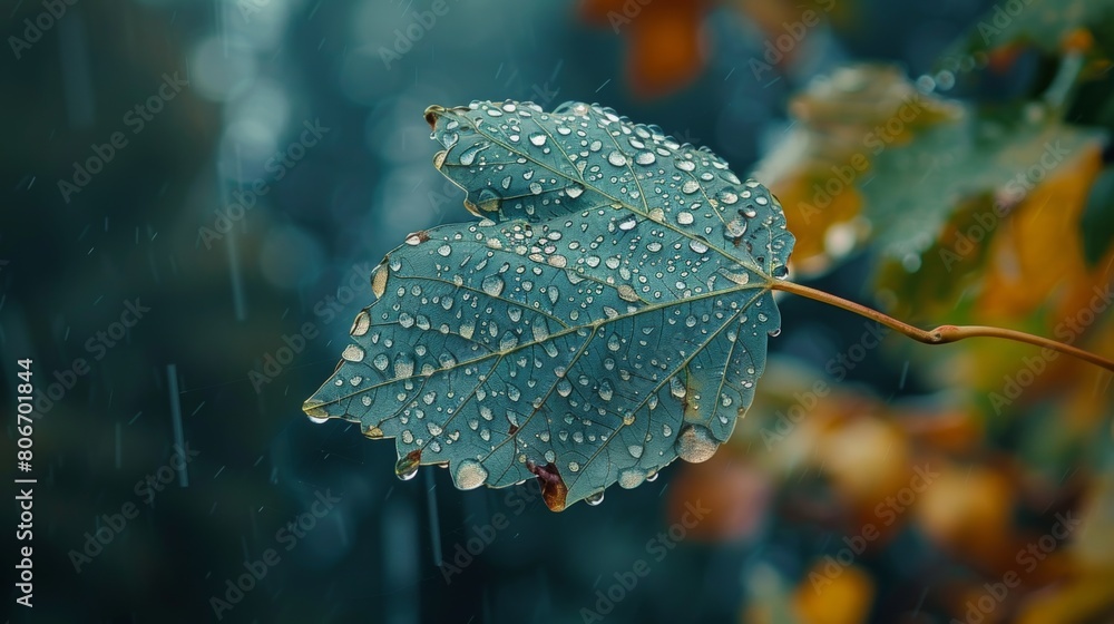 Poster a close-up view of a single leaf with sparkling water droplets clinging to its edges, showcasing the
