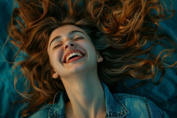 A young woman mid-laughter, hair dynamically caught in motion, freeze-frame 