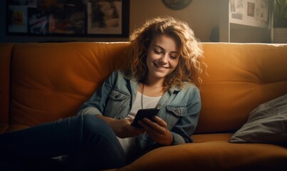 Obraz premium Happy young latin girl using her smartphone on the couch at home in the living room
