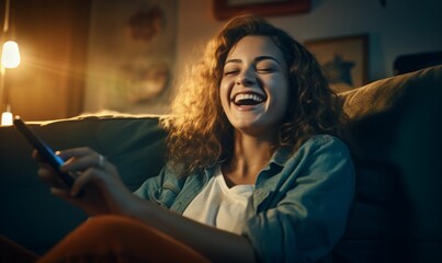 Happy young latin girl using her smartphone on the couch at home in the living room
