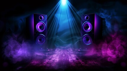Glowing sound speakers illuminate dark background, creating a creative music ambiance. Audio equipment shines. Ai Generated