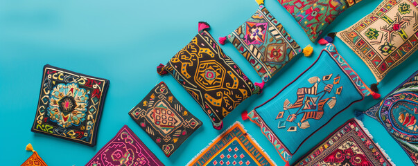 Vibrant and Colorful Ethnic Textiles on Turquoise Background for Cultural Display