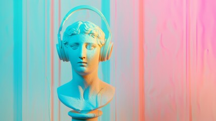 Gypsum statue adorned with headphones against colorful abstract background, Ai Generated
