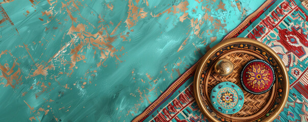 Intricate Handcrafted Textiles and Decorative Plates on Turquoise Fabric
