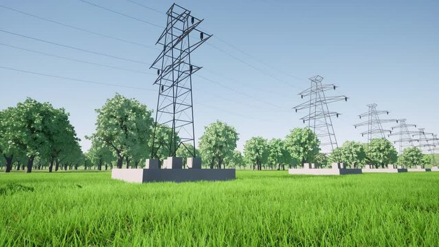 Electrical impulse moves through wires Power transmission towers 4k