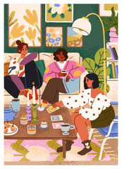Girlfriends gathering at home, cozy tarot and tea party. Best friends, young women enjoying leisure, relaxation. Girls spending time indoors, relaxing in living room. Flat vector illustration