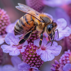 Close up of a bee on purple flower - marco nature beauty - honeybee close-up
