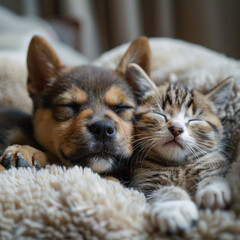 Cat and dog sleeping. Puppy and kitten sleep. on white blurred home background, with copy space, concept of sweet sleeping, friendship and peaceful slow life